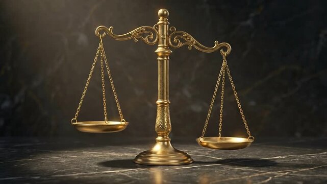 Golden balance scale with pans shifting from level to unequal weights, representing justice, decisions, and making choices