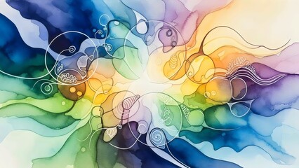 Vibrant Fluid Abstract Watercolor Background with Organic Flowing Shapes and Glowing Center
