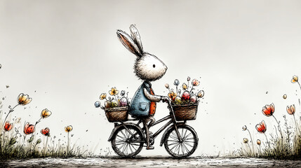 Fancy Easter bunny on vintage bike, with basket full of colorful Easter eggs, rides through clearing. White isolated background. Greeting card.