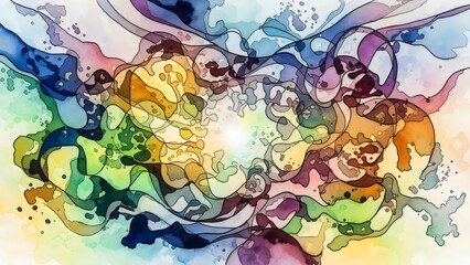 Vibrant Fluid Abstract Watercolor Background with Organic Flowing Shapes and Glowing Center