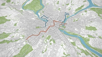 Fototapeta premium Detailed city map showing radial streets, waterways, green spaces, and colored routes