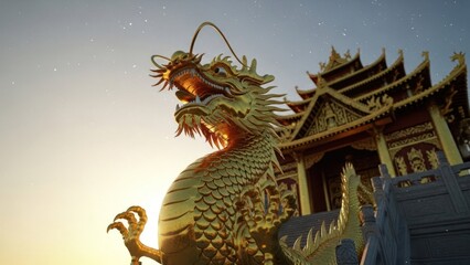 Fototapeta premium Golden Chinese dragon sculpture in front of ornate, traditional pagoda against starry sky