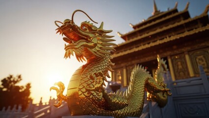 Fototapeta premium Golden dragon statue adorns a temple during sunset, showcasing intricate details