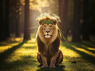 Majestic Male Lion Sitting in a Sunlit Forest Wearing an Ornamental Green Leaf Crown