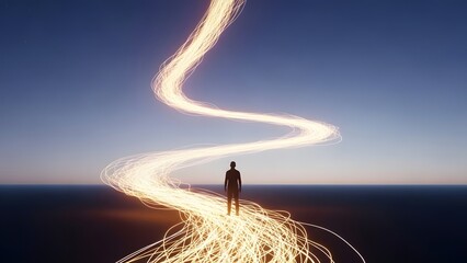 Silhouette of person standing on mountain peak with light trails at dusk, success and achievement concept