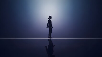 Fototapeta premium Silhouette of business professional walking confidently on stage with dramatic spotlight in dark theater