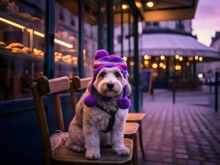 Adorable Small Dog Wearing a Purple Bear Ear Hat Sitting on a Chair at a Parisian Outdoor Cafe