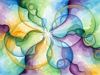 Vibrant Fluid Abstract Watercolor Background with Organic Flowing Shapes and Glowing Center