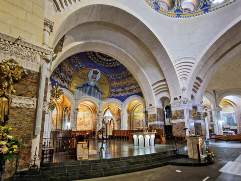 Interior of the Basilica in the Sanctuary of Lourdes, France. Mayor pilgrimage spot for Catholics