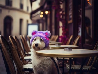 Adorable Small Dog Wearing a Purple Bear Ear Hat Sitting on a Chair at a Parisian Outdoor Cafe