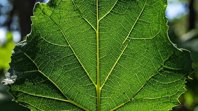 A detailed close-up shot of a green leaf showcasing its intricate veins and cellular structure