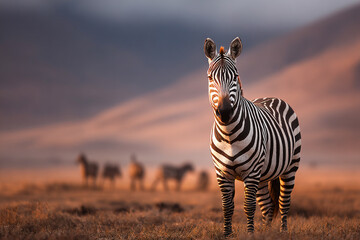 Fototapeta premium Grazing zebras in a golden field with distant herd at sunset Generative AI