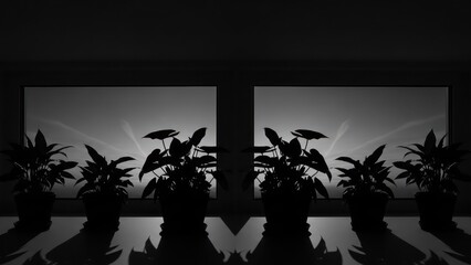 Silhouette of potted plants against bright windows casting shadows, simple monochrome