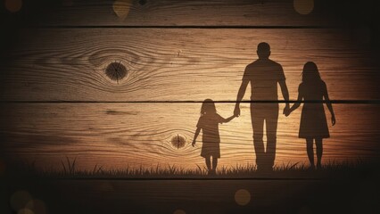 Silhouette of a father and two daughters walking on wood planks with a grassy foreground