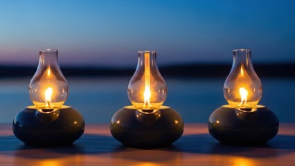 Three burning oil lamps with glass chimneys on a reflective surface, soft evening glow