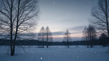 Snowy field with bare trees, soft light, and falling snow at dusk