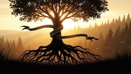 Silhouetted tree with roots and banner, sunlit forest background, concept of nature