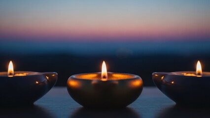 Three lit candles in golden bowls with sunset background, creating a warm, inviting scene