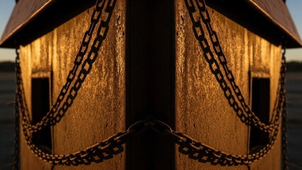 Symmetrical close-up of a rustic wooden structure with chain detailing in warm sunset hues