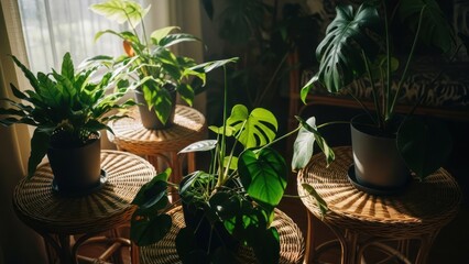 Sunlit indoor plants in various pots on rattan plant stands, creating a natural scene