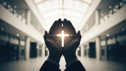 Two hands cradle a glowing cross against a blurred architectural backdrop