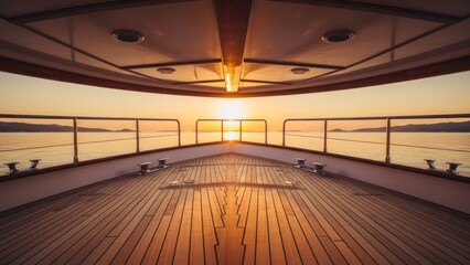 Yacht deck faces the setting sun; golden light reflects on wood and water