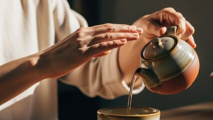 Person pours steaming tea from ceramic pot into a cup, warm light highlights the action