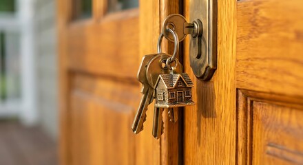Keys to a new home on a wooden door with house keychain