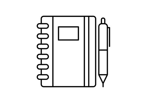 Icono de cuaderno de espiral cerrado o agenda  con un bol&iacute;grafo al lado
