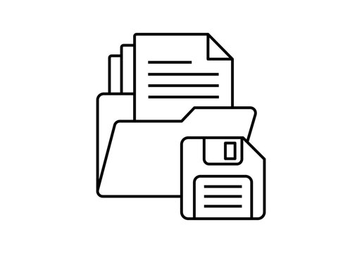 icono de carpeta de archivos abierta con documentos y disquete de guardado en estilo lineal