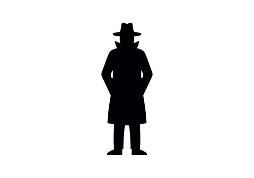 Silueta negra de detective misterioso con sombrero y gabardina 