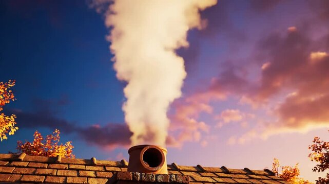 Chimney exhaling smoke on a rooftop, with a beautiful blue and pink sunset in the background