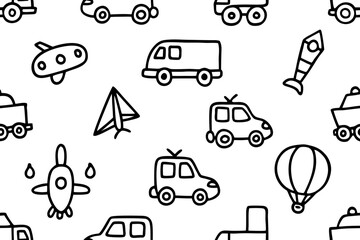 Fototapeta premium Seamless black and white doodle pattern of various vehicles and transportation modes 1