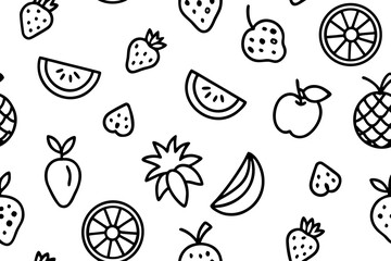 Seamless black and white fruit doodle pattern with strawberries watermelons apples oranges pineapples and bananas