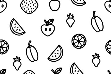 Seamless black and white fruit themed doodle pattern on a white background