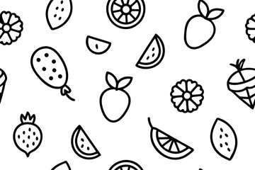 Seamless black and white fruit themed doodle pattern with various fruits