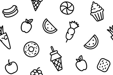 Seamless black and white food themed doodle pattern with fruits and desserts seamless pattern food doodles