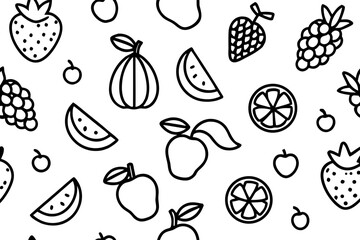 Seamless black and white fruit themed doodle pattern with apples watermelons grapes and oranges