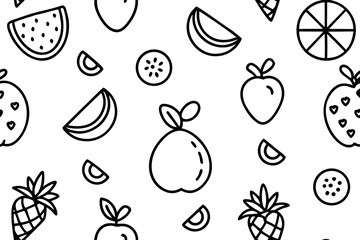 Seamless black and white fruit themed doodle pattern with watermelon, pineapple, apple, and kiwi slices