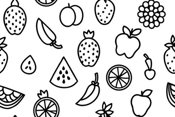 Seamless black and white fruit themed doodle pattern with apples bananas watermelons and oranges
