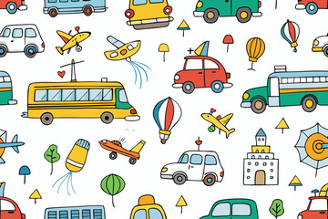 Seamless pattern of colorful kids vehicles and travel doodles including cars buses airplanes and hot air balloons