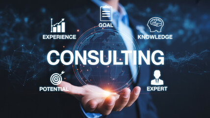 Professional person presents a glowing digital consulting globe with business icons in a dark futuri