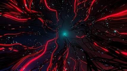 A futuristic abstract illustration depicting energy flows resembling neural networks or digital cables. Glowing red lines and blue particles converge toward a cyan central light, evoking advanced tech