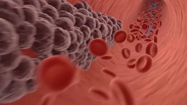 Close Up View Of Red Blood Cells Flowing Through Artery With Large Blood Clot Causing Obstruction Medical Illustration