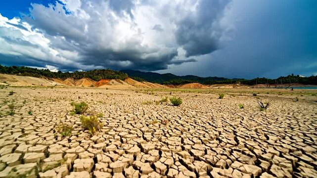 A cracked earth scene, with a dramatic cloudy sky, hills, and some dying trees