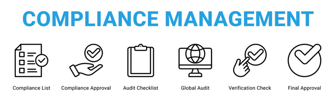 Compliance Management web banner icon concept,  with Compliance List, Compliance Approval, Audit Checklist, Global Audit, Verification Check, Final Approva.