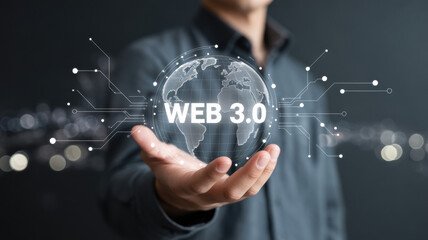 Businessman presenting a glowing Web 3 0 globe with digital network connections against a dark futur