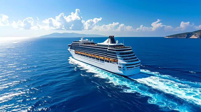 Large white cruise ship sailing in azure waters under a partly cloudy sky, with land in the background