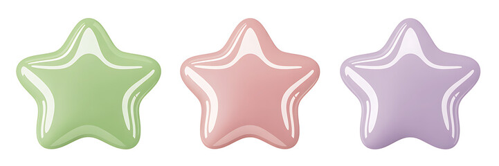 Set of Three Glossy 3D Star Icons in Pastel Green, Pink, and Purple, Vibrant Jelly Style Decorative Elements Isolated on White Background