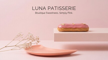 Pink eclair dessert elegant pastry modern minimal style delicate flower decoration luxury sweet treat soft pastel color bakery concept sophisticated mood